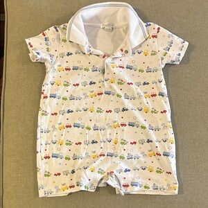 White Baby Romper with knit Collar & Colorful Vehicle Print